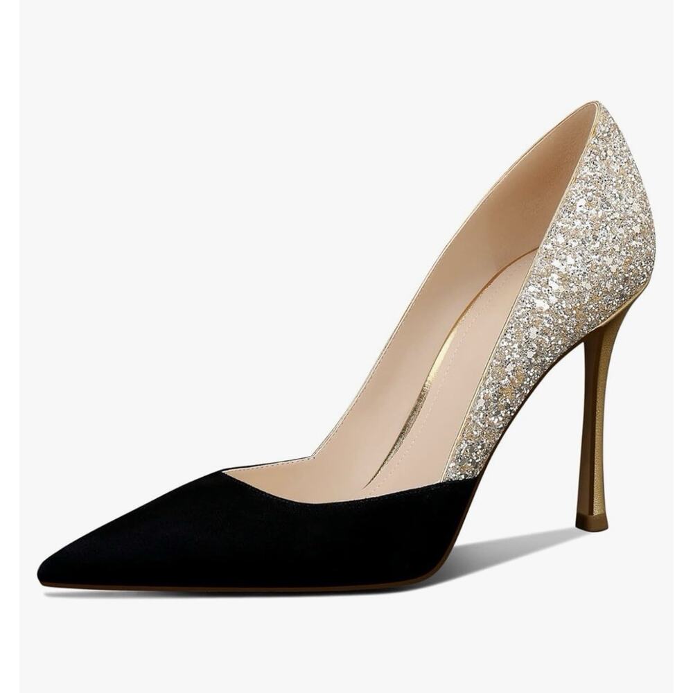 Msonlydn Women’s Two-Tone Glitter High Heels Black Suede Pump Size 8.5
